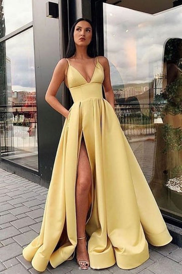 Yellow v neck satin long prom dress, yellow evening dress HZ1023